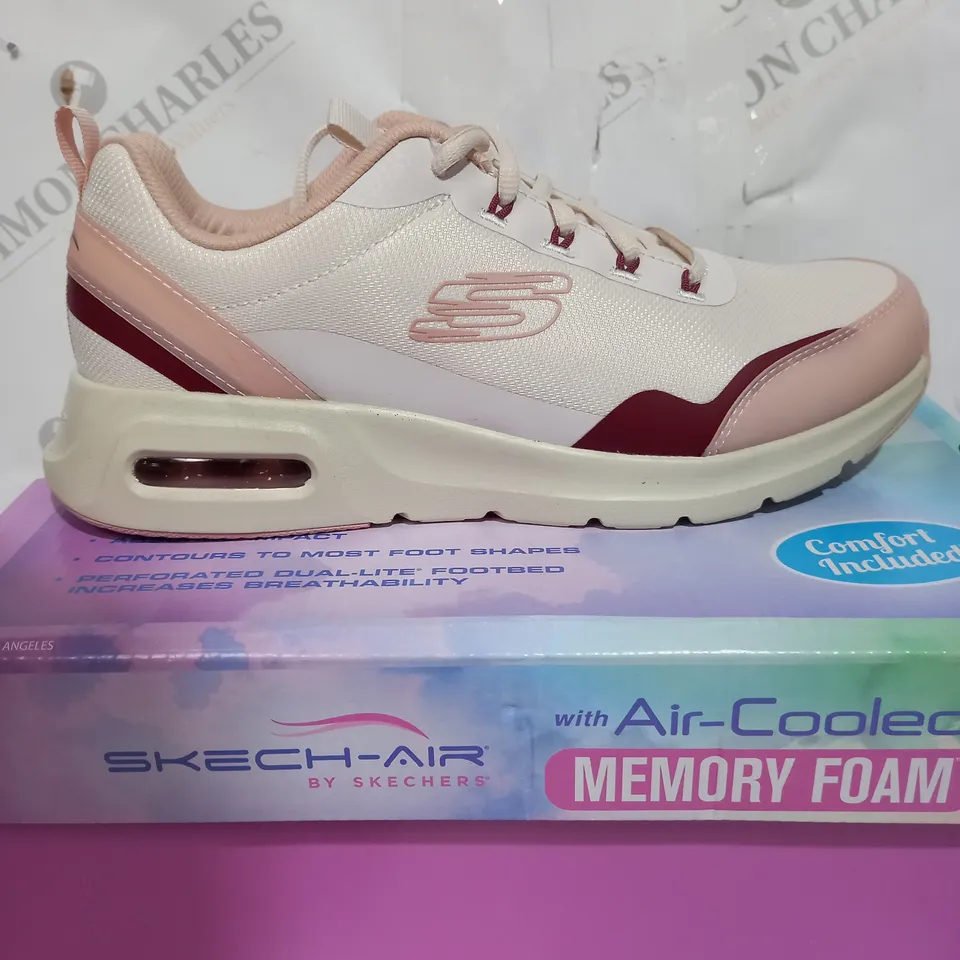 BOXED PAIR OF SKECHERS AIR COURT TRAINERS IN PINK & WHITE SIZE 7