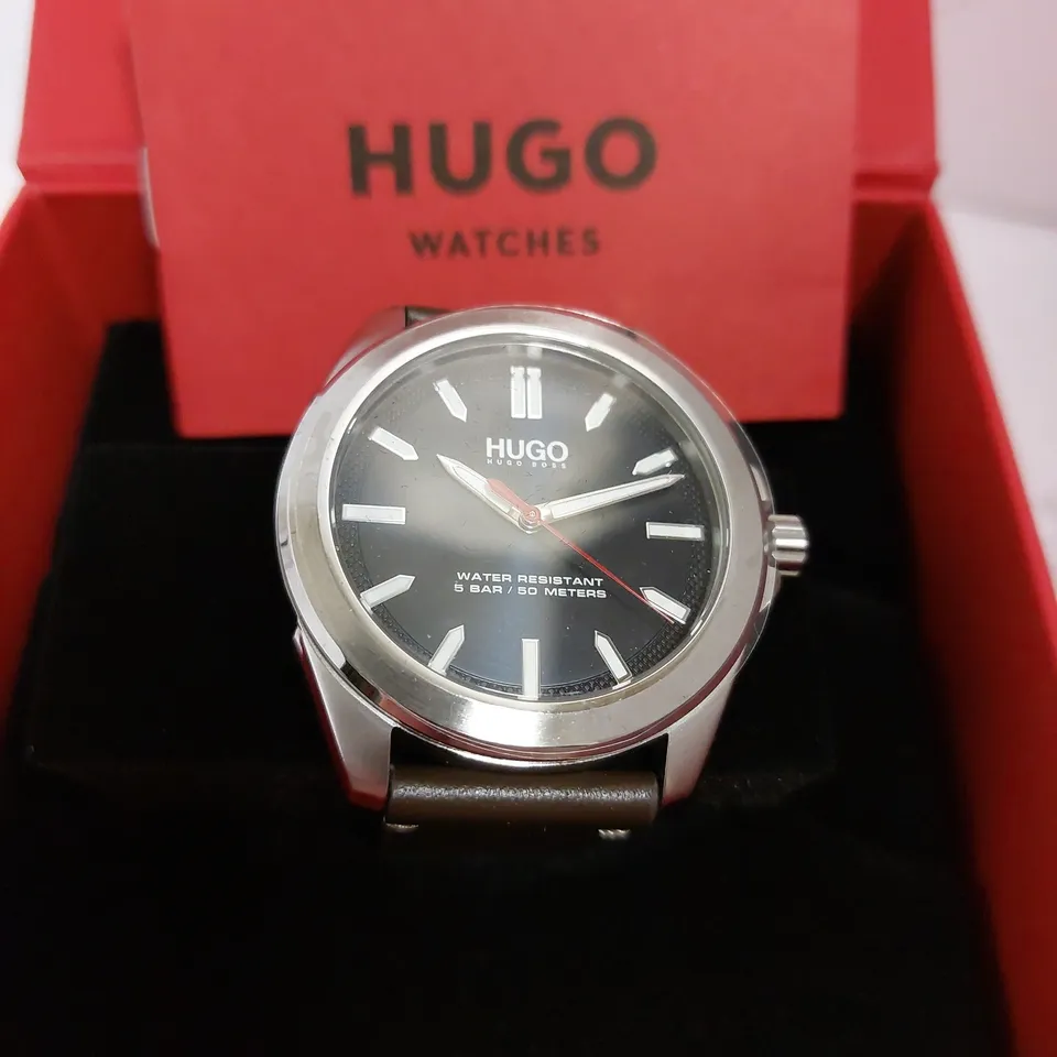 BOXED HUGO BOSS GENTS HUGO ADVENTURE BROWN LEATHER WRIST WATCH