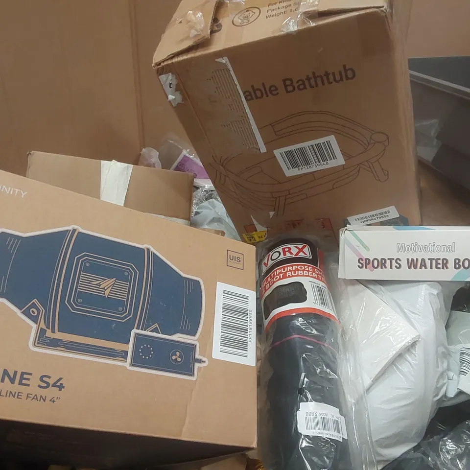 PALLET CONTAINING A VERY LARGE QUANTITY OF ASSORTED ITEMS INCLUDING: AC INFINITY CLOUDLINE S4 INLINE FAN, FOLDABLE BATHTUB, SPORTS WATER BOTTLE, CAR BOOT TRAY ECT