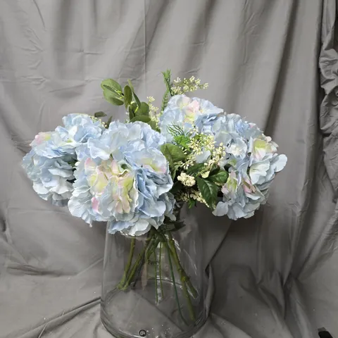 PEONY BLUE HYDRANGEA FAUX FLORAL ARRANGEMENT IN GLASS VASE