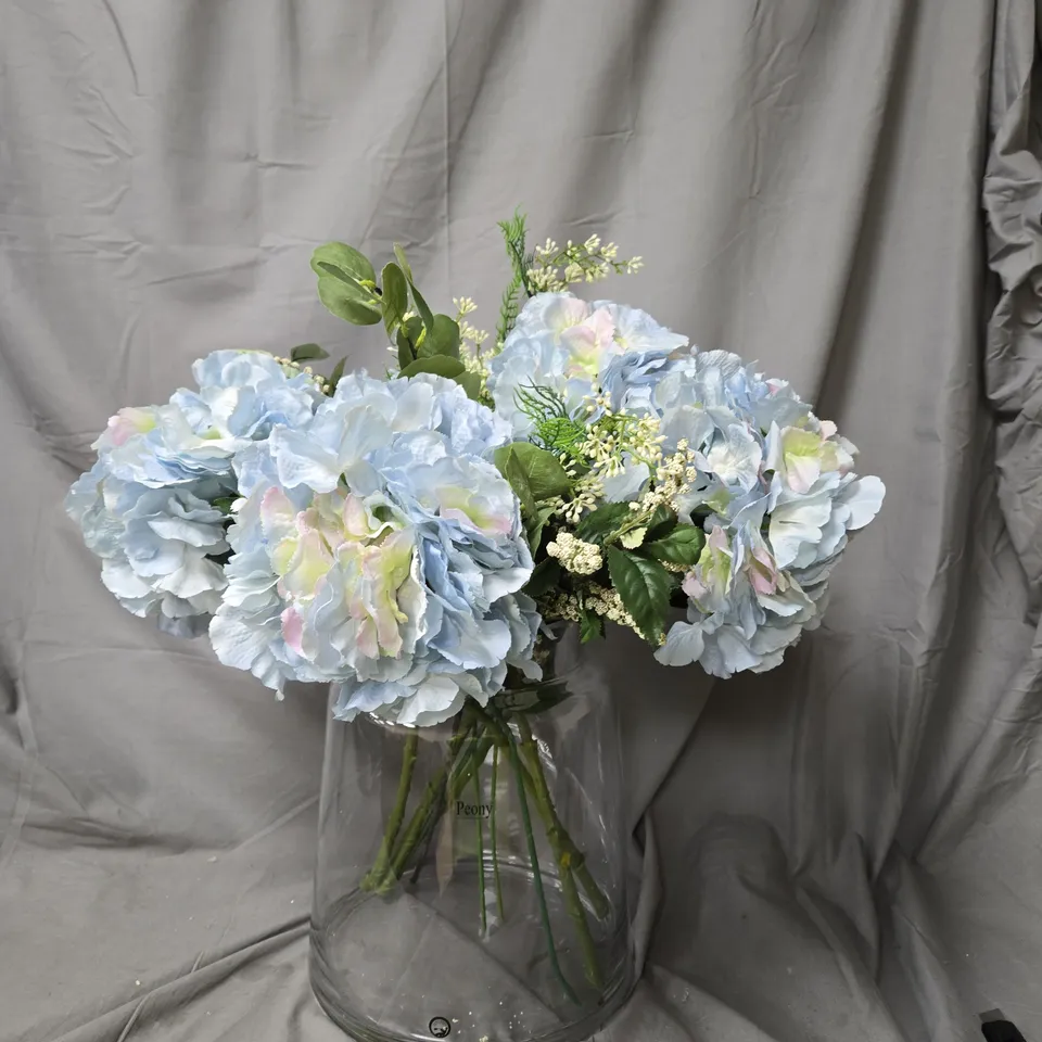 PEONY BLUE HYDRANGEA FAUX FLORAL ARRANGEMENT IN GLASS VASE