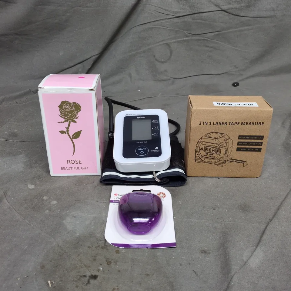 APPROXIMATELY 15 ASSORTED HOUSEHOLD PRODUCTS TO INCLUDE 3 IN 1 LASER TAPE MEASURE, BLOOD PRESSURE MONITOR AND A PENCIL SHARPENER