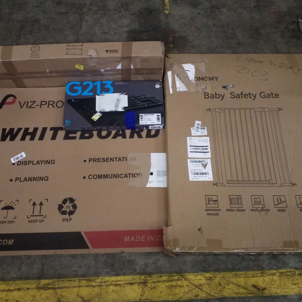 PALLET CONTAINING ASSORTED PRODUCTS INCLUDING BABY SAFTEY GATE, WHITEBOARD, LOGITECH G213 RGB GAMING KEYBOARD & ZENO SHELVES