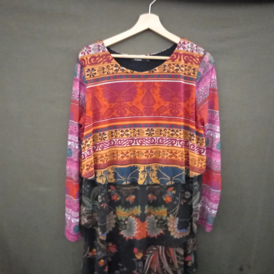 DESIGUAL TIERED LONG SLEEVE DRESS IN MULTICOLOUR - XL