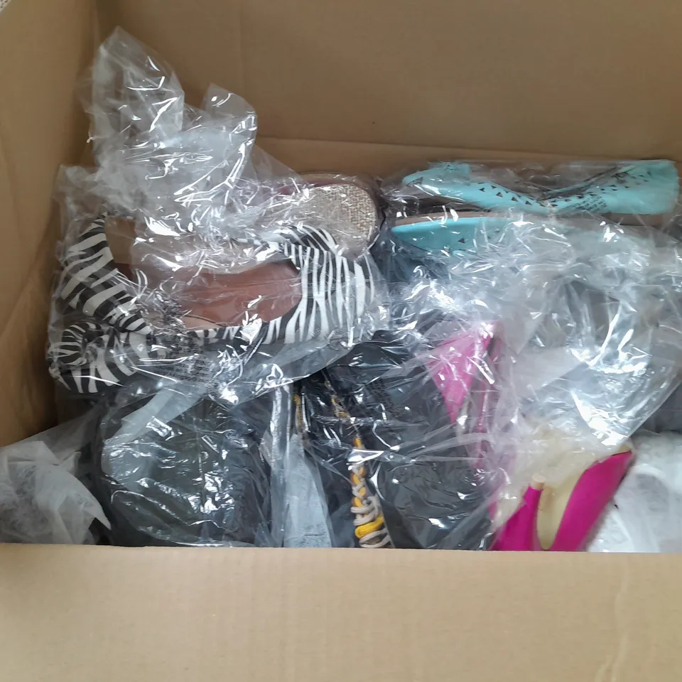 BOX OF APPROXIMATELY 10 ASSORTED WOMENS SHOES IN VARIOUS COLOURS, STYLES AND SIZES