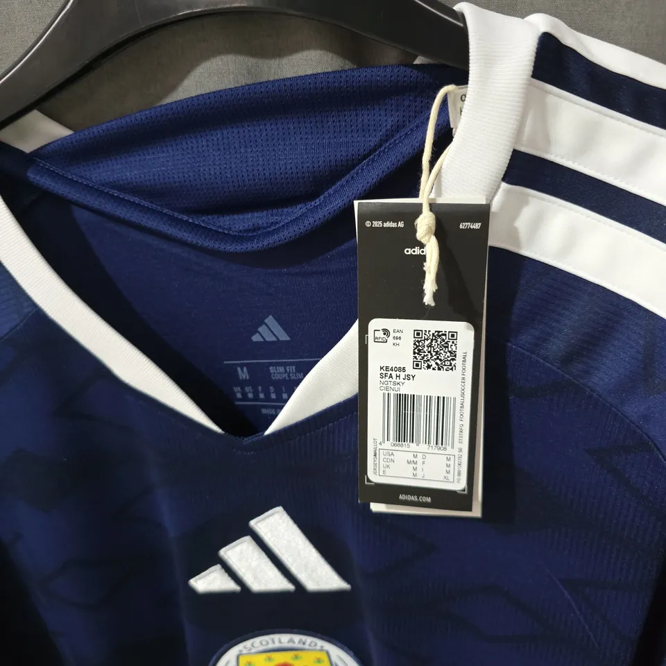 ADIDAS SCOTLAND FOOTBALL SHIRT – NAVY WITH WHITE SHOULDER STRIPES, UK M