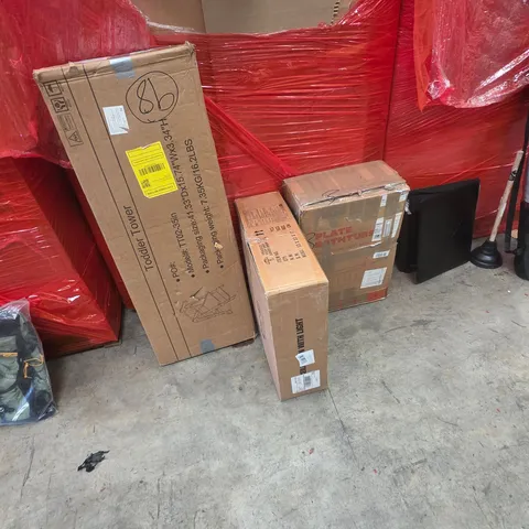 PALLET OF ASSORTED HOUSEHOLD GOODS AND PRODUCTS TO INCLUDE;TODDLER TOWER,CEILING FAN,BATHTUB SHEET