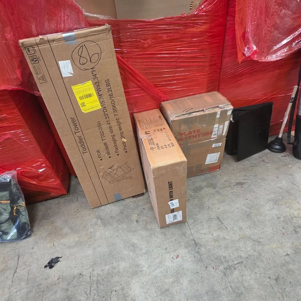 PALLET OF ASSORTED HOUSEHOLD GOODS AND PRODUCTS TO INCLUDE;TODDLER TOWER,CEILING FAN,BATHTUB SHEET