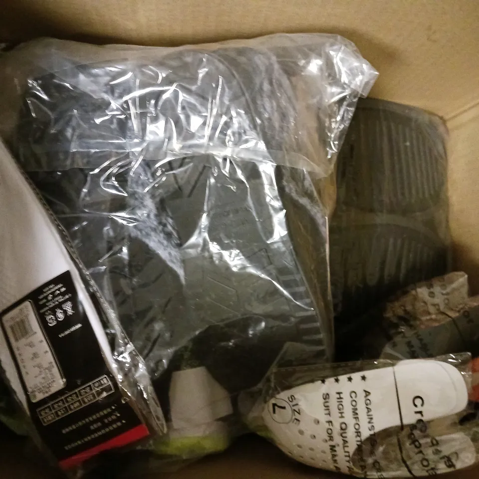 BOX OF APPROXIMATELY 8 ASSORTED PAIRS OF SHOES AND FOOTWEAR ITEMS IN VARIOUS COLOURS, STYLES, AND SIZES - COLLECTION ONLY