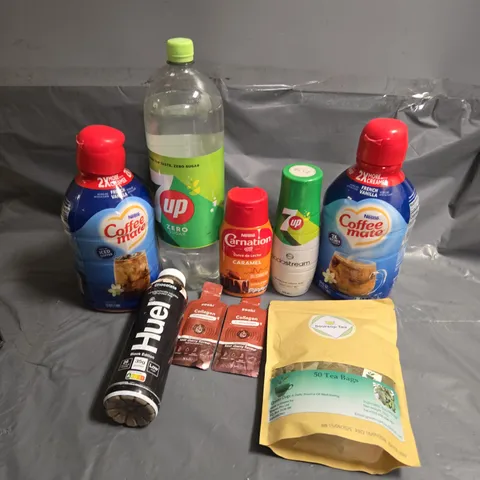 APPROXIMATELY 9 ASSORTED FOOD & DRINK ITEMS TO INCLUDE NESTLE COFFEE MATE FRENCH VANILLA, 7UP SODASTREAM MIX, 50 TEABAGS, ETC - COLLECTION ONLY