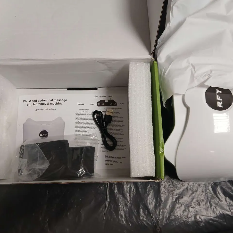 ABDOMINAL MASSAGER - WHITE HANDHELD DEVICE WITH USB CHARGING CABLE 