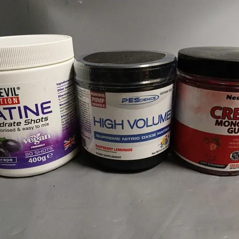 LOT OF 3 ASSORTED FITNESS SUPPLEMENTS TO INCLUDE PESCIENCE HIGH VOLUME AND CREATINE MONOHYDRATE GUMMIES