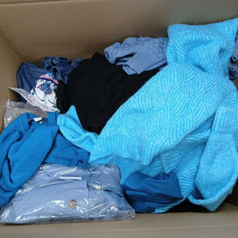 BOX OF APPROXIMATELY 15 ASSORTED CLOTHING ITEMS IN VARIOUS STYLES, COLOURS AND SIZES 