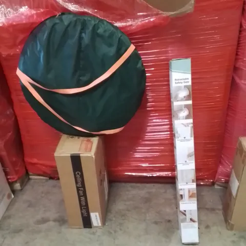 PALLET OF ASSORTED HOUSEHOLD GOODS AND PRODUCTS TO INCLUDE;CEILING FAN WITH LIGHT,POPUP TENT,RETRACTABLE SAFETY GATE 