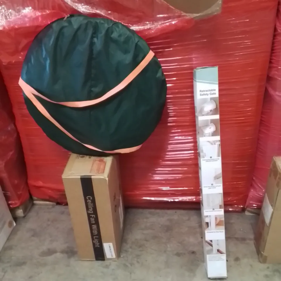 PALLET OF ASSORTED HOUSEHOLD GOODS AND PRODUCTS TO INCLUDE;CEILING FAN WITH LIGHT,POPUP TENT,RETRACTABLE SAFETY GATE