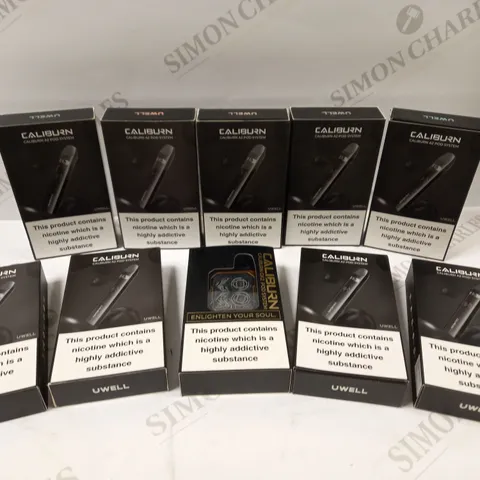 BOX OF APPROX 20 VAPING DEVICES AND ACCESSORIES TO INCLUDE CALIBURN A2 POD SYSTEM, CALIBURN GK2 POD SYSTEM AND CALIBURN PORTABLE SYSTEM KIT