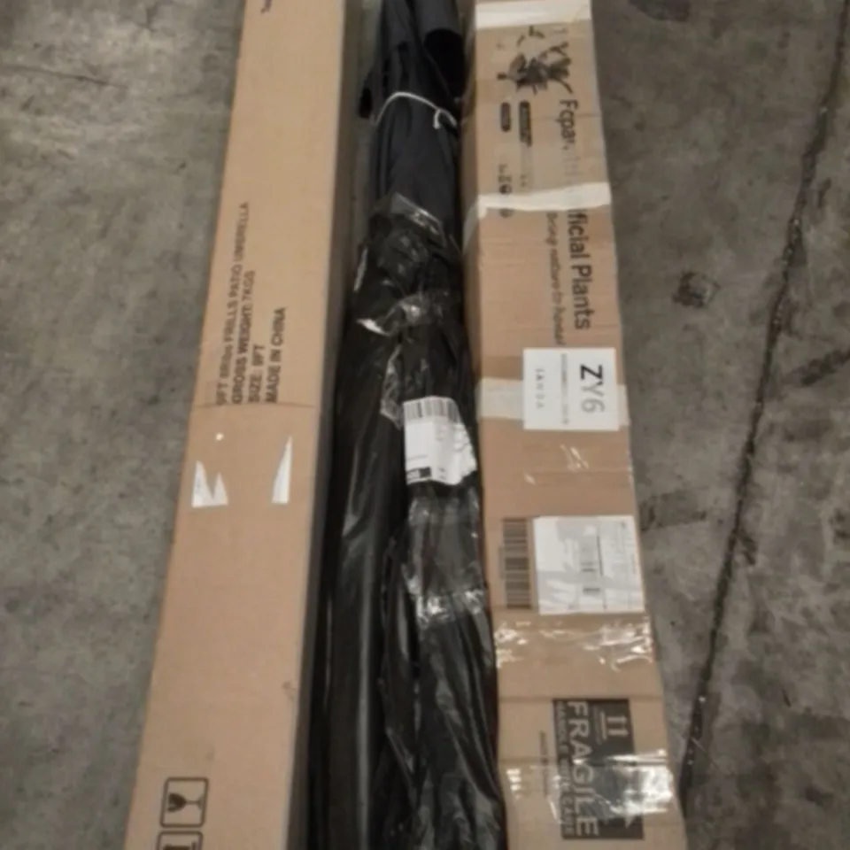 UNPROCESSED PALLET OF ASSORTED ITEMS TO INCLUDE ARTIFICIAL PLANTS, MULTIPLE PARASOL AND CURTAIN POLES