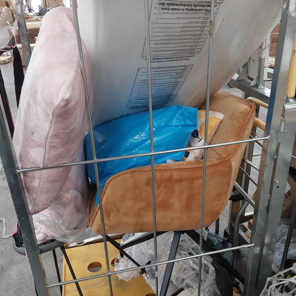 CAGE OF ASSORTED HOUSEHOLD ITEMS, INCLUDING, UPHOLSTERED DINING CHAIR, MOSAIC GLASS LAMP SHADE, SCATTER CUSHIONS, LIGHT FITTING.