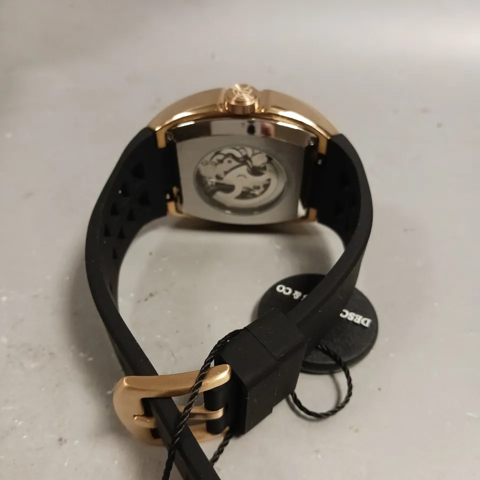 MENS AUTOMATIC DESCHAMPS & CO WATCH – SKELETON DIAL – GLASS EXHIBITION BACK CASE – RUBBER STRAP