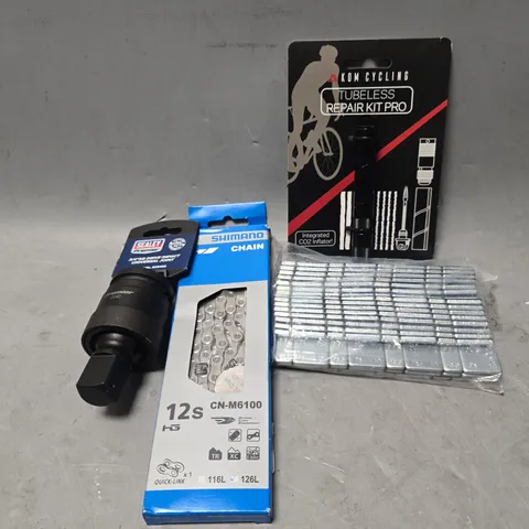 APPROXIMATELY 8 ASSORTED ITEMS TO INCLUDE - KOM CYCLING TUBELESS REPAIR KIT PRO , SHIMANO CHAIN , WHEEL BALANCING WEIGHTS ETC