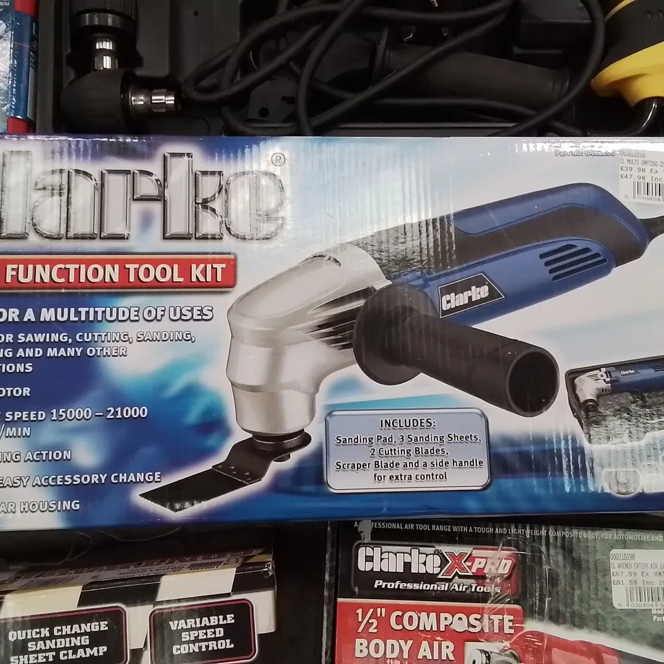 MIXED BOX OF TOOLS AND MACHINERY EQUIPMENT TO INCLUDE: CONTRACTORS HAMMER DRILL, IMPACT WRENCH,  MULTI TOOL, 56PC TORX/STAR SET AND 320W ½ SHEET ORBITAL SANDER 
