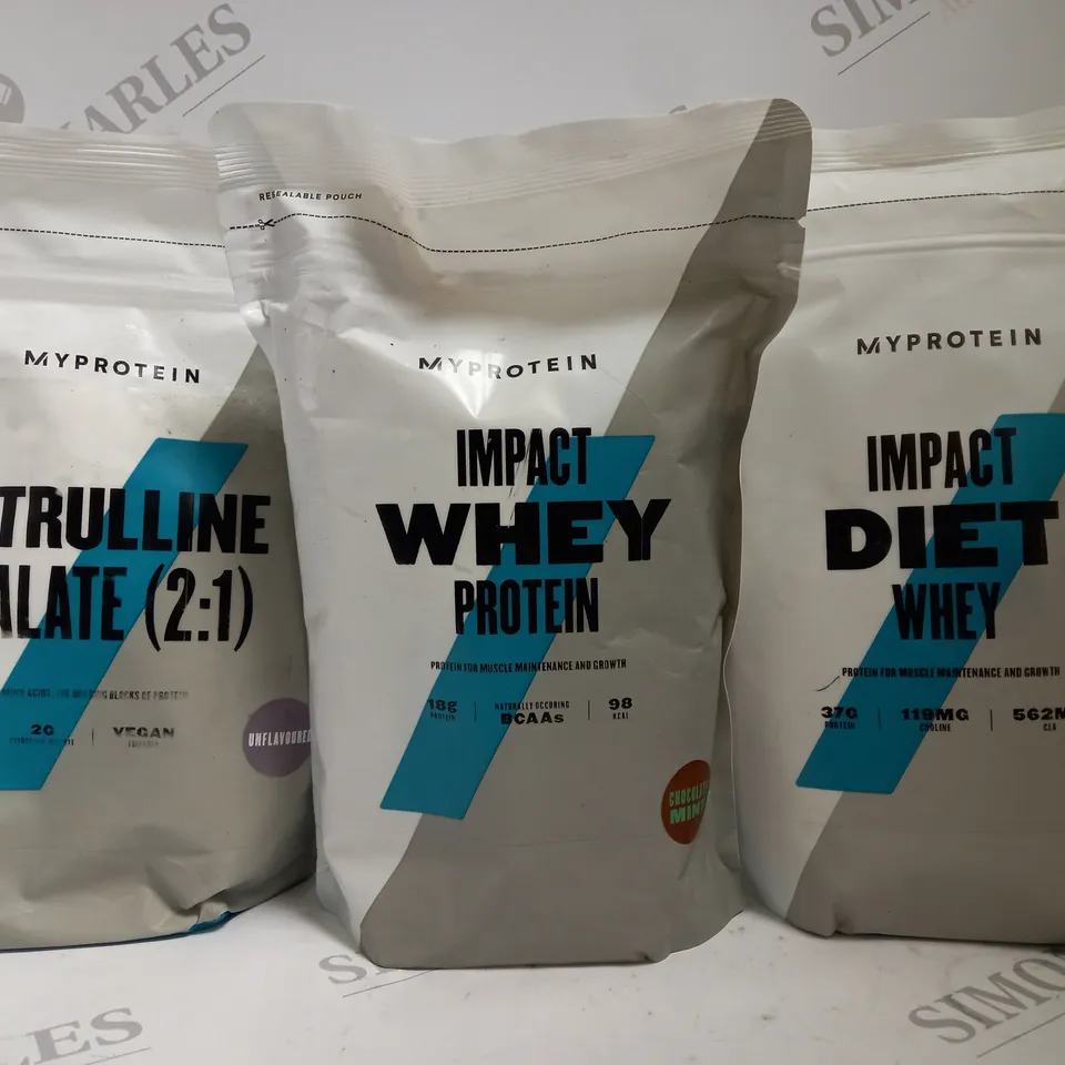 BOX OF 3 ASSORTED MY PROTEIN PRODUCTS TO INCLUDE CITRULLINE MALATE 2:1 UNFLAVOURED 500G, IMPACT WHEY PROTEIN CHOCOLATE MINT 500G, IMPACT DIET WHEY PROTEIN CHOCOLATE MINT 500G, ETC