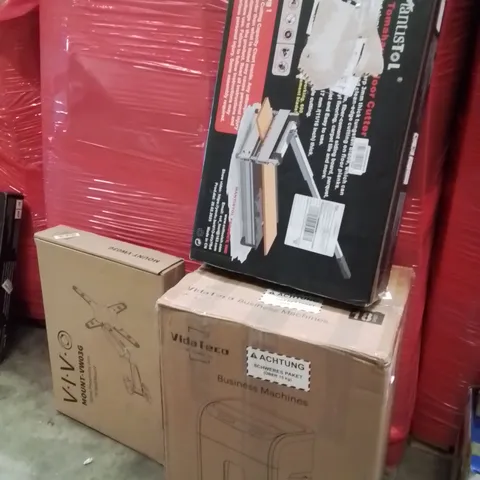 PALLET OF ASSORTED HOUSEHOLD GOODS AND PRODUCTS TO INCLUDE;TV WALL MOUNT,FLOOR CUTTER,PAPER SHREDDER