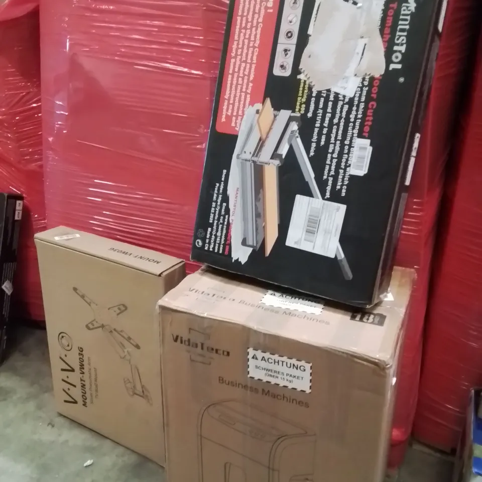 PALLET OF ASSORTED HOUSEHOLD GOODS AND PRODUCTS TO INCLUDE;TV WALL MOUNT,FLOOR CUTTER,PAPER SHREDDER
