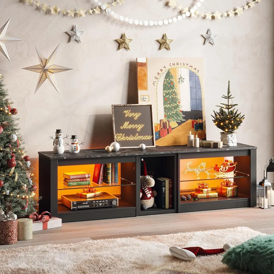 BOXED BESTIER TV STAND FOR 70" LED TV CABINET WITH GLASS SHELVES, 63'' INCH, BLACK MARBLE