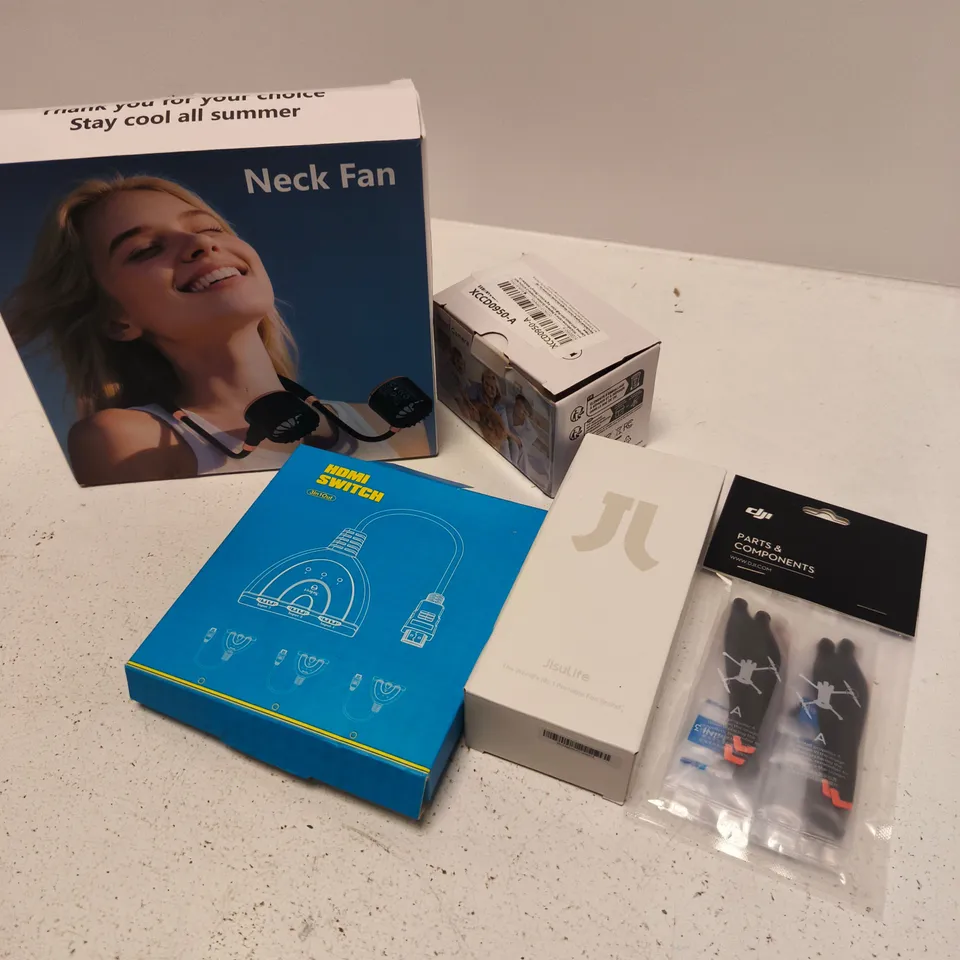 APPROXIMATELY 10 ASSORTED ELECTRICAL ITEMS TO INCLUDE NECK FAN, HDMI SWITCH, DJI PARTS, ETC