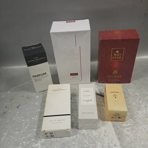 APPROXIMATELY 6 ASSORTED BOXED FRAGRANCES TO INCLUDE - ZARA RED TEMPTATION & SANDALWOOD - RED STAR - DISCOVER PINK PEPPER - ETC