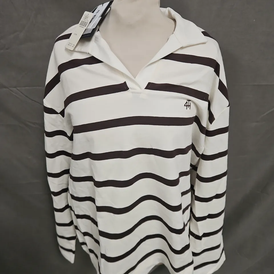 4TH + RECKLESS HAILEY RUGBY TOP IN OFF WHITE/BROWN STRIPE SIZE L