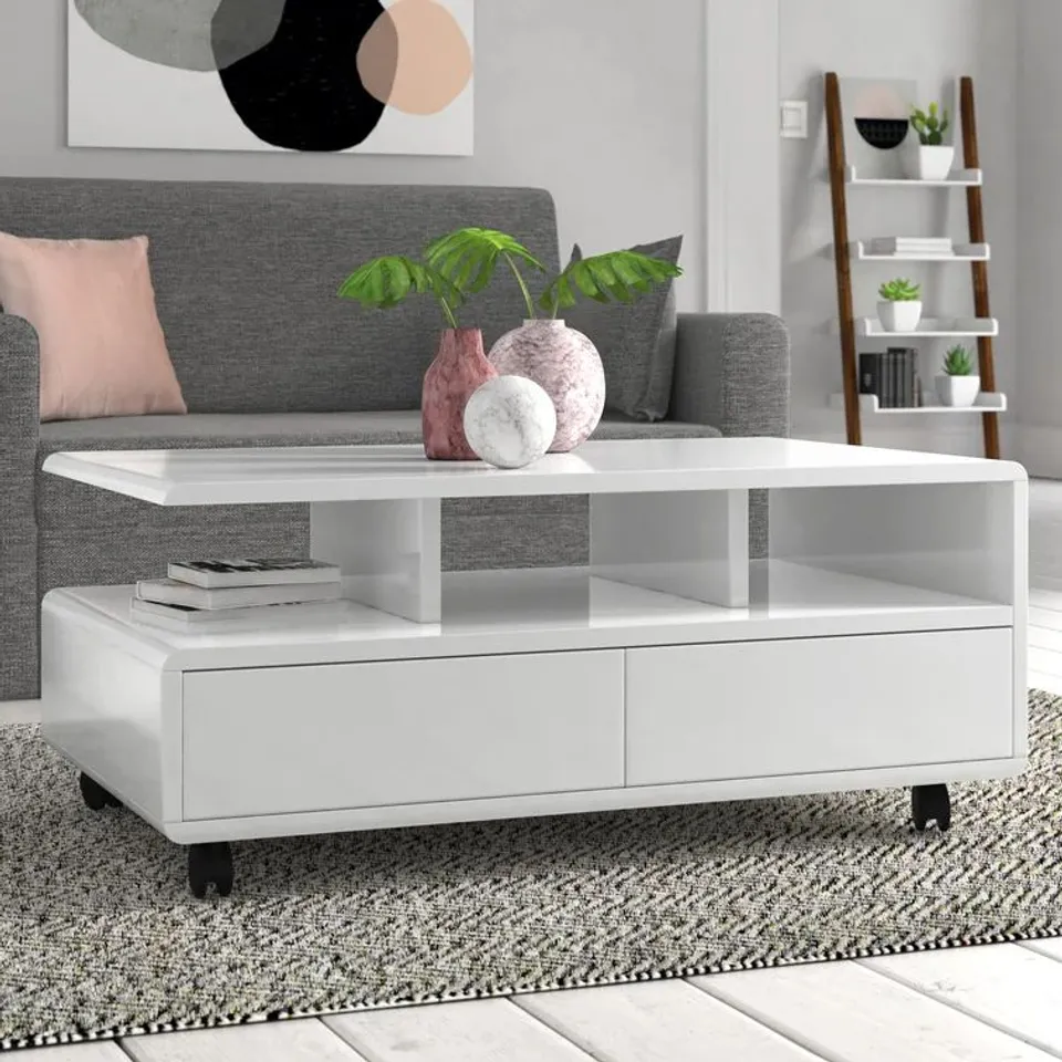 BRAND NEW BOXED CHRIS COFFEE TABLE WHITE HIGH GLOSS 2 DRAWER