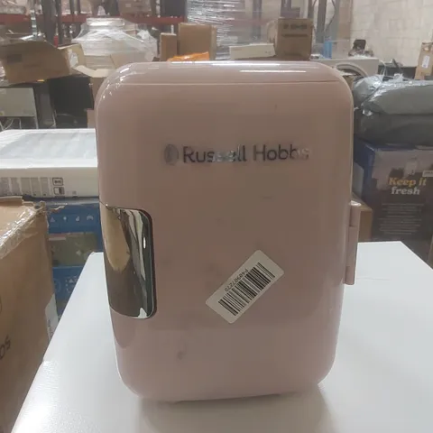 RUSSELL HOBBS 4L/6 CAN PORTABLE MINI COOLER & WARMER FOR DRINKS, COSMETICS/MAKEUP/SKINCARE, AC/DC POWER, RETRO STYLE, PINK, FOR BEDROOM, HOME, CARAVAN, CAR