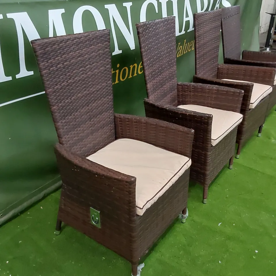 4 X DESIGNER MANUAL RECLINER GARDEN CHAIRS IN CHOCOLATE MIX RATTAN WITH CUSHIONS 