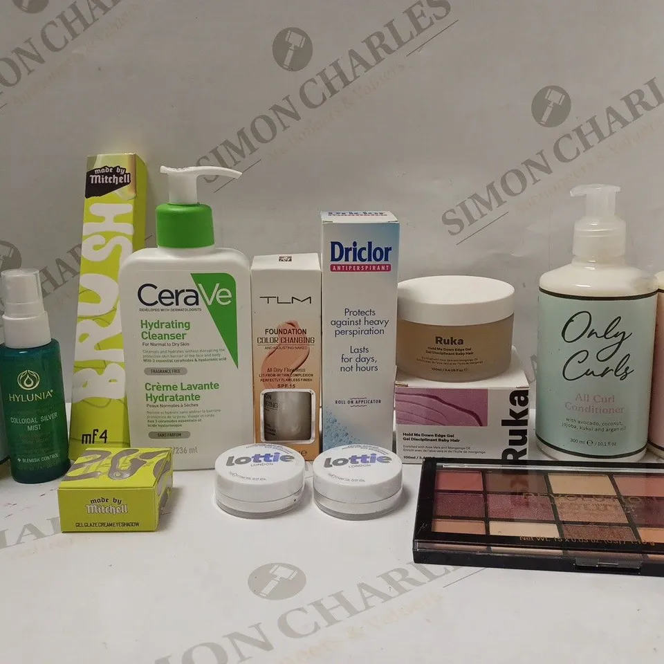 BOX OF APPROX 10 ASSORTED BEAUTY PRODUCTS TO INCLUDE CERA VE HYDRATING CLEANSER, REVOLUTION EYESHADOW, ONLY CURLS CURL MOUSSE, ETC 