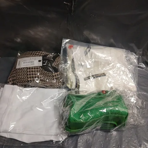 BOX OF APPROXIMATELY 10 ASSORTED HOUSEHOLD ITEMS TO INCLUDE - PILLOW, COSMETIC BAG, DRESS - ETC