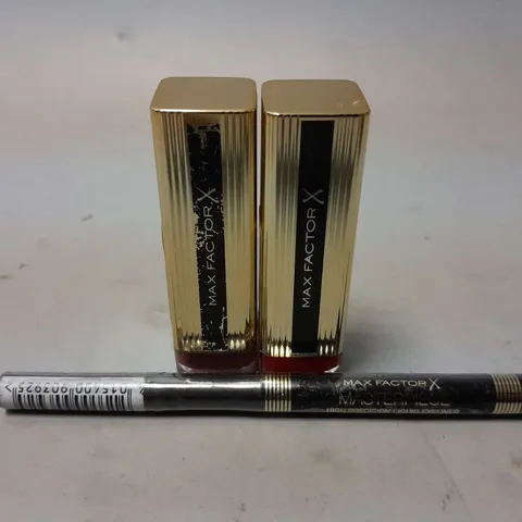 LARGE QUANTITY OF MAX FACTOR MAKEUP PRODUCTS TO INCLUDE LIPSTICK RUBY TUESDAY 075, LIPSTICK BURNT CARAMEL 020, MASTERPIECE HIGH PRECISION LIQUID EYELINER, ETC