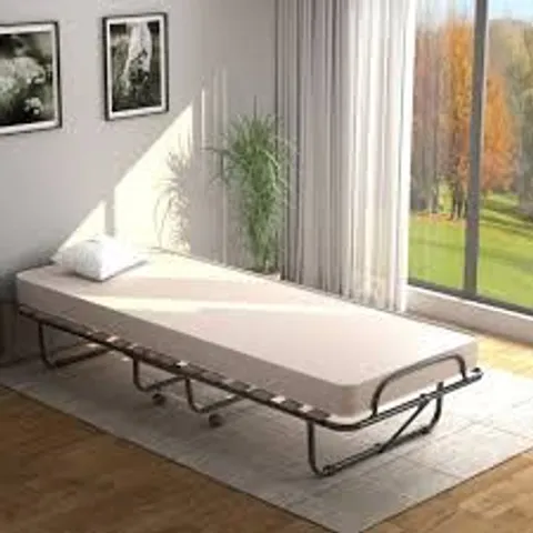 BOXED COSTWAY FOLDING BED WITH 10CM MEMORY FOAM MATTRESS, PORTABLE FOLDABLE ROLLAWAY GUEST BED ON WHEELS - BEIGE 