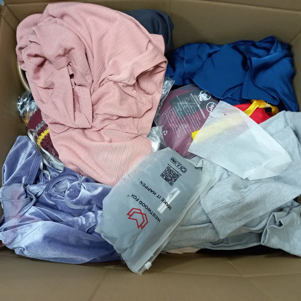 LARGE BOX OF ASSORTED CLOTHING ITEMS IN VARIOUS COLOURS AND SIZES INCLUDING TROUSERS , TOPS AND JUMPERS 