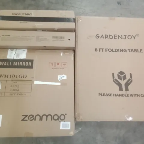 PALLET OF ASSORTED ITEMS INCLUDING WALL MIRROR, GARDENJOY 6FT FOLDING TABLE, STOREMIC FLOATING SHELF, GIOVARA PVC CHAIR MAT, ROCKING CHAIR, SHOWER MIXER