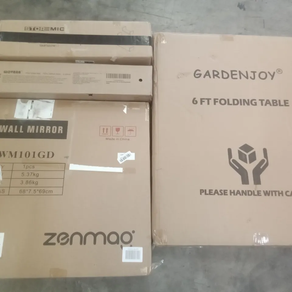 PALLET OF ASSORTED ITEMS INCLUDING WALL MIRROR, GARDENJOY 6FT FOLDING TABLE, STOREMIC FLOATING SHELF, GIOVARA PVC CHAIR MAT, ROCKING CHAIR,  SHOWER MIXER 