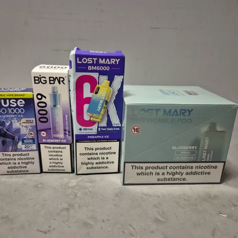 APPROXIMATELY 20 ASSORTED E-CIGARETTE PRODUCTS TO INCLUDE - LOST MARY , BIG BAR , VUSE ETC