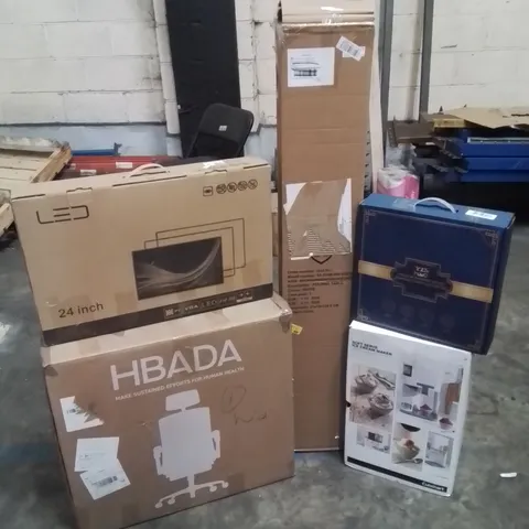 PALLET OF ASSORTED HOUSEHOLD GOODS AND PRODUCTS TO INCLUDE; OFFICE CHAIR, BAMBOO CHEESEBOARD SET, FOLDING TABLE, BOXED FURNITURE ETC