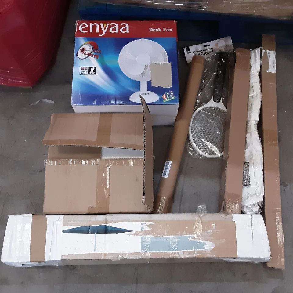 PALLET OF ASSORTED PRODUCTS TO INCLUDE SKELTON 6.7FT GARDEN PARASOL, DOUBLE ROD GARMENT RACK, KEPLIN BUG ZAPPER, SKY ZONAL KEYBOARD AND MOUSE PLATFORM, BAGOTTE JUICE EXTRACTOR, KENES 