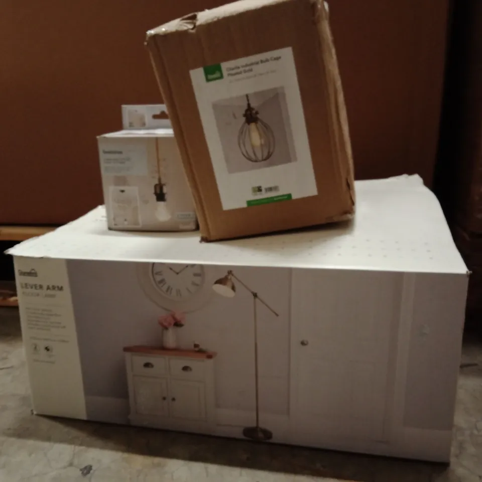 PALLET OF ASSORTED DESIGNER LIGHTING PRODUCTS TO INCLUDE;LEVER ARM FLOOR LAMP,CHARLIE INDUSTRIAL BULB CAGE CEILING FITTING,FLEX FITTING