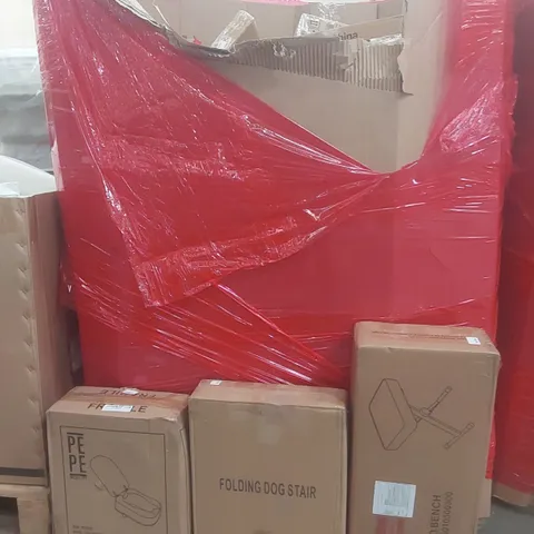PALLET OF ASSORTED PRODUCTS AND ITEMS TO INCLUDE;SQUARE TOILET RISER,FOLDING DOG STAIRS,PAINO BENCH