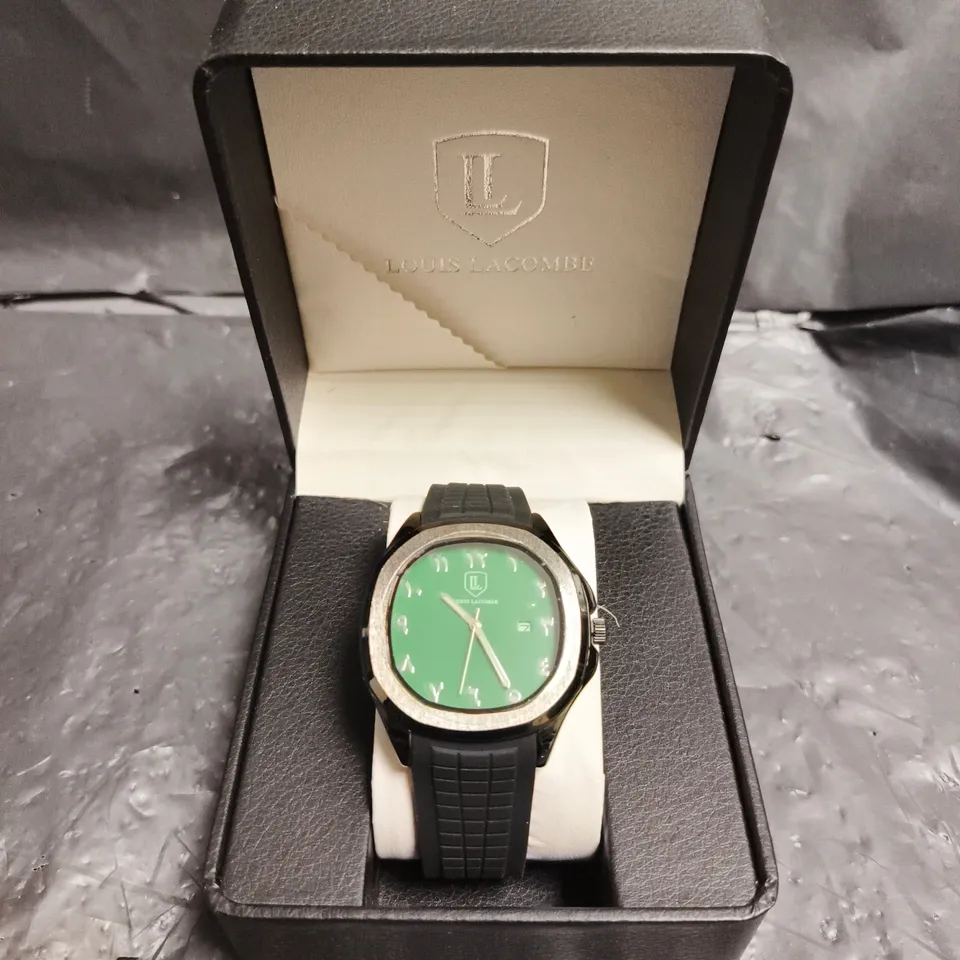 MENS LOUIS LACOMBE BLACK RUBBER STRAP GREEN DIAL WATCH