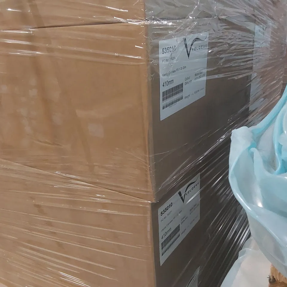 PALLET CONTAINING A LARGE QUANTITY OF ASSORTED BATHROOM FURNITURE PARTS INCLUDING: VELDEAU VANITY CARCASSES ECT