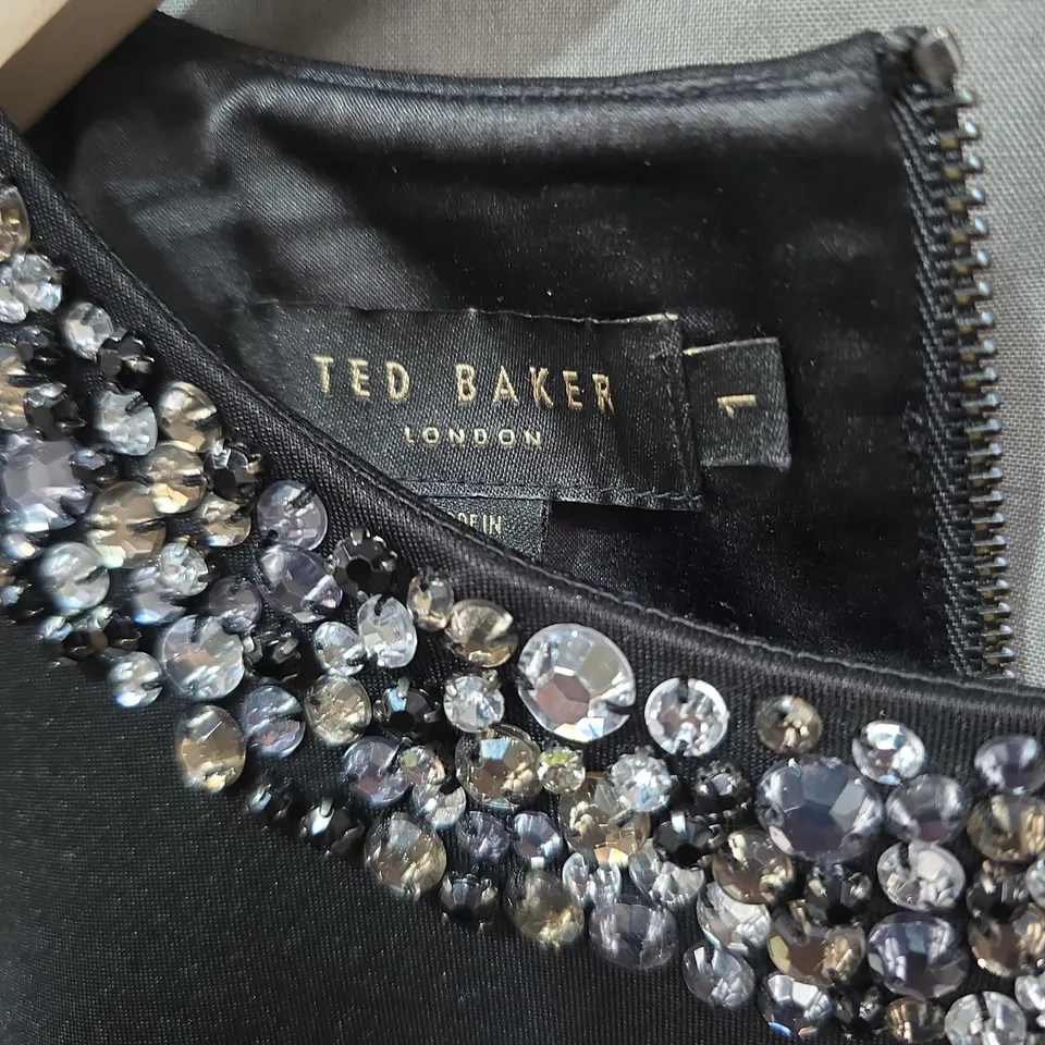 TED BAKER LONDON BLACK DRESS WITH CRYSTAL-EMBELLISHED NECKLINE – SIZE 1